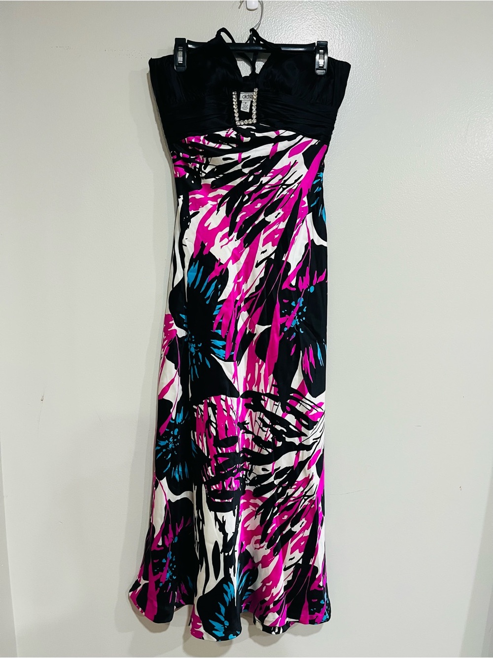 Vintage Cache Silk Halter Maxi Dress Floral Y2K Formal Gown Rhinestone Sz 8